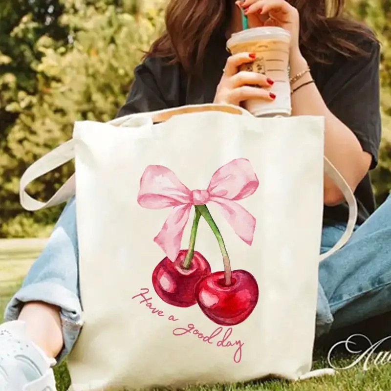 Canvas Tote Designer - Canvas Tote Bag with Cherry Bow