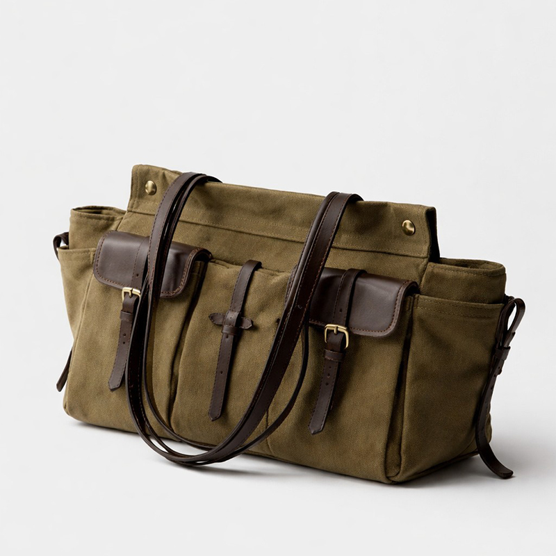 Canvas Tote Designer - Vintage Canvas Leather Multi-pocket Tote Bag